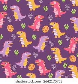 purple cute cartoon seamless t-rex dinosaur pattern for apparel design.This design is suitable for children's clothing textile industry