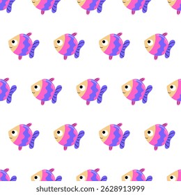 Purple cute fish seamless pattern. Exotic violet fish.