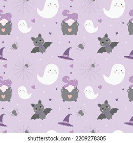 Purple cute halloween seamless pattern. Vector illustration. Halloween backgrounds in flat cartoon style. Surface pattern design. Ghost, Witch Hat, Cauldron, Spider Web, Spider.