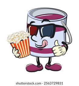 purple cute isolated cartoon paint can character mascot with a bucket of popcorn with wearing 3d glasses, work of hand drawn