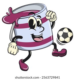 purple cute isolated cartoon paint can character mascot playing football or soccer, work of hand drawn