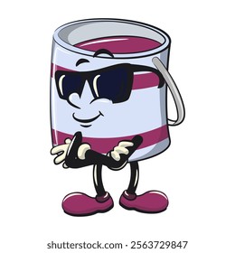 purple cute isolated cartoon paint can character mascot wearing sunglasses folding his arms calmly, work of hand drawn