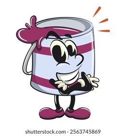 purple cute isolated cartoon paint can character mascot big smile while folding arms, work of hand drawn