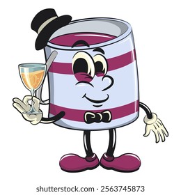 purple cute isolated cartoon paint can character mascot wearing hat and bow tie raising a wine glass, work of hand drawn