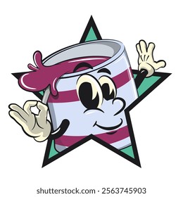 purple cute isolated cartoon paint can character mascot out from of a star by giving an OK sign, work of hand drawn