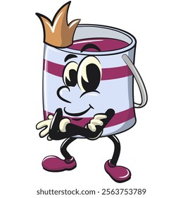 purple cute isolated cartoon paint can character mascot crowned like a king while folding his arms calmly, work of hand drawn