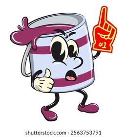 purple cute isolated cartoon paint can character mascot raise foam finger, work of hand drawn