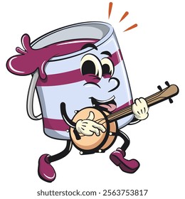 purple cute isolated cartoon paint can character mascot playing the banjo musical instrument, work of hand drawn