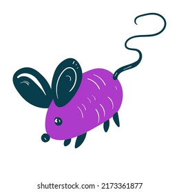 Purple cute mouse. Toy for cat. Vector pet colourful illustration on white background.