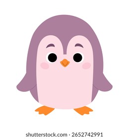 Purple cute penguin character in flat style. Vector kawaii character isolated on white background for winter kids activity games.