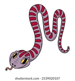 Serpiente linda púrpura dibujada a mano plana. Animal peligroso con cuerpo largo y retorcido. Víbora, anaconda, pitón. Criatura venenosa. Ilustración de arte de línea de Vector.