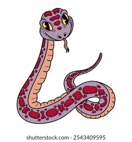 Serpiente linda púrpura dibujada a mano plana. Animal peligroso con cuerpo largo y retorcido. Víbora, anaconda, pitón. Criatura venenosa. Ilustración de arte de línea de Vector.