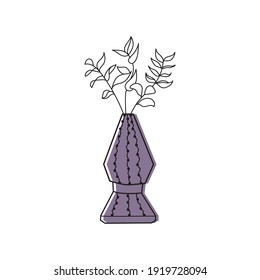 Purple cute vase. Vector doodle illustration. Brunch of branches and leaves. Printable hand-drawn clip art for decor.