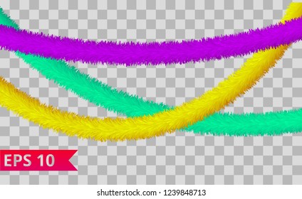 Purple, cyan and yellow tinsel collection. Christmas holiday decoration elements. Xmas ribbon garlands. Festive bright ornament. Vector, isolated, eps 10. 