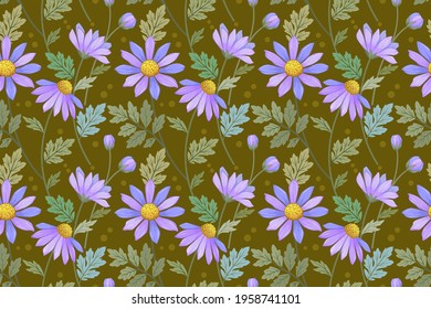 Purple daisies flowers seamless pattern for fabric textile wallpaper.