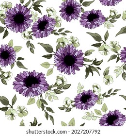 Purple Daisy Flowers Seamless Pattern Background