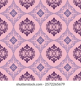 Purple damask seamless pattern illustration in pink background traditional style—like Portuguese tiles. Design for ceramic pottery, sarees, curtains, and clothing.