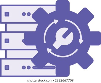 Purple Data Recovery Process Icon. Vector Illustration. Search and Rescue Lost, Deleted, or Broken Data from Digital Drives. Gear, Wrench, and Database. Digital Forensics and Cyber ​​Detective Concept