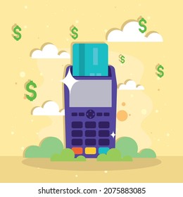 imagen de dataphone púrpura con tarjeta de crédito