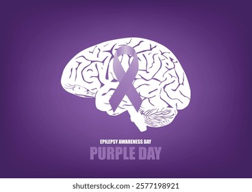 Purple day for epilepsy awareness concept. Silhouette of human brain intertwined with a purple ribbon	