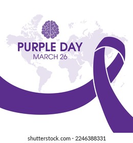 Purple Day or Epilepsy Awareness Day vector. Purple epilepsy awareness ribbon and world map icon vector isolated on a white background. March 26. Important day