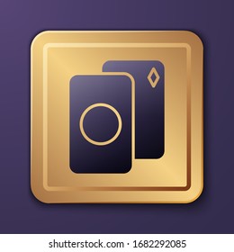 Purple Deck of playing cards icon isolated on purple background. Casino gambling. Gold square button. Vector Illustration