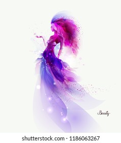 Purple decorative composition with girl. Magenta blots formed abstract woman figure.