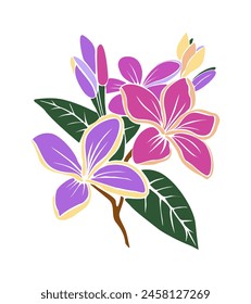 Purple decorative fresh blossoming plumeria flowers with leaves. Hand drawn outline floral icon. Vector flat illustration isolated on white background. Hand made, not AI generated