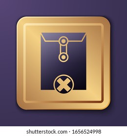 Purple Delete envelope icon isolated on purple background. Delete or error letter. Cross on message. Rejected mail. Gold square button. Vector Illustration