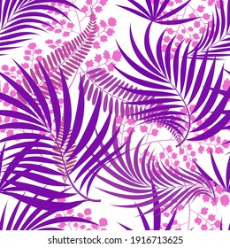 Purple design. Tropical leaves on a white background.