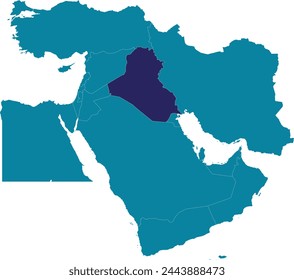 Purple detailed blank political map of IRAQ with white national country borders on transparent background using orthographic projection of the marine blue Middle East