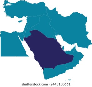 Purple detailed blank political map of SAUDI ARABIA with white borders on transparent background using orthographic projection of the marine blue Middle East