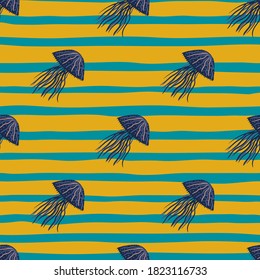 Purple diagonal jellyfish ornament seamless pattern. Yellow and turquoise stripped backdrop. Undersea artwork. Designed for wallpaper, textile, wrapping paper, fabric print. Vector illustration.
