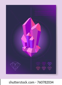 Purple diamond 3D shape on abstract background with rhombus gem sketches vector illustration poster. Banner with geometric figures, scientific crystals