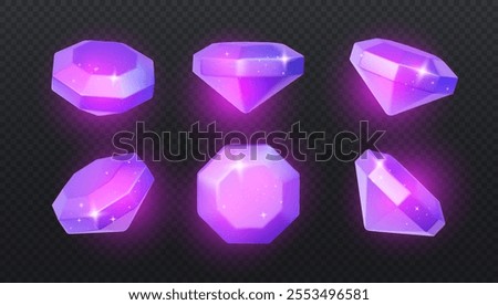 Purple Diamond Crystals with Shining Effect and Gradient Glow. Vector illustration. 3D Illustration