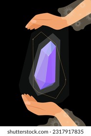 Purple diamond in hands on a black background. Composition in celestial style. Vector illustration.