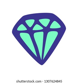 Purple diamond neon or fluorescent green lighting inside. Square format. Doodle style. Vector illustration. White background.