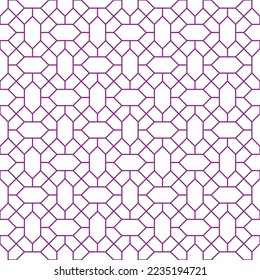 Purple diamond shape and diagonal line pattern on white background. Linked diagonal line and hexagon shape. Purple lattice pattern on white background. Abstract maze backdrop.