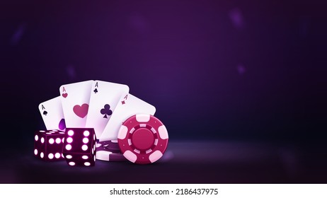 Purple dice with red and black casino chips and playing cards in purple blank scene