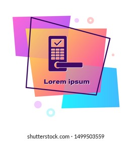 Purple Digital door lock with wireless technology for unlock icon isolated on white background. Door handle sign. Security smart home. Color rectangle button. Vector Illustration