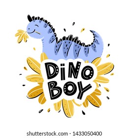 Purple dinosaur boy on the background of leaves. Vector illustration in cartoon style.