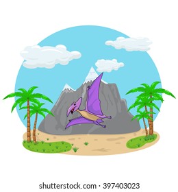 Purple dinosaur pterodactyl flying on the nature illustration