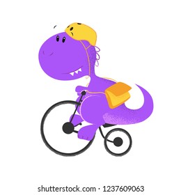 Purple dinosaur riding bicycle. Character, recreation, toy. Can be used for topics like safety, activity, transportation