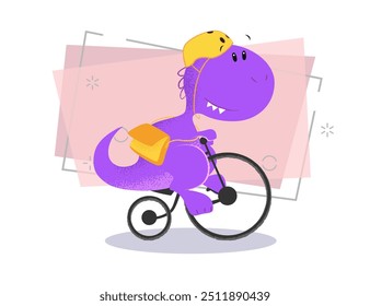 Purple dinosaur riding bicycle. Character, recreation, toy. Can be used for topics like safety, activity, transportation