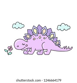 purple dinosaur stegosaurus, children's illustration, children's clothing, children's magazine, naive style, Doodle, white background, isolated