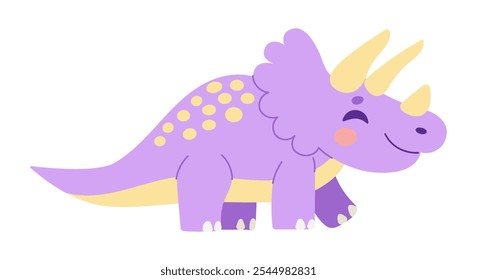 A purple dinosaur with yellow spots is smiling. It has three horns on its head. The dinosaur is walking on a white background