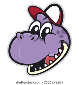 Purple Dinosaurs Head cartoon characters, wearing baseball hat. Best for sticker, logo, and mascot with prehistoric themes for kids