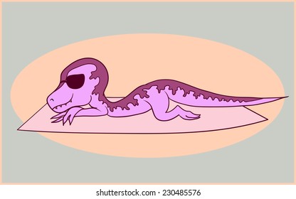 Purple dinosaurus sunbathing on the pink mat