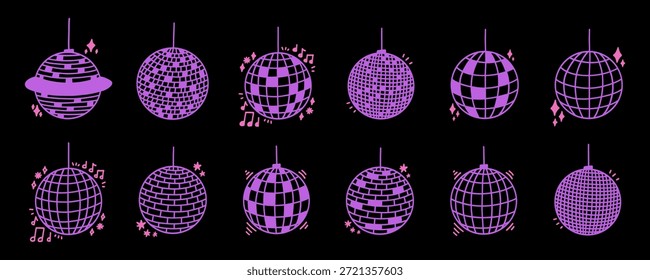 Vector de purpurina de bola de disco púrpura con globo de espejo. Disco Ball Light para fiesta o kit de club. Ilustración vectorial Doodle