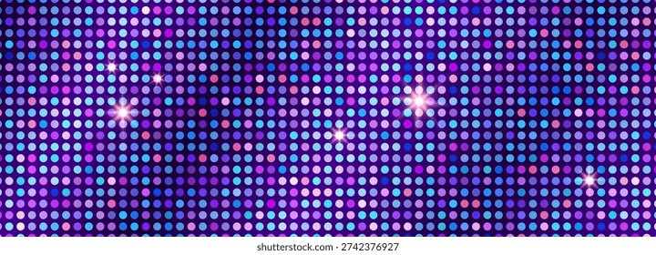 Purple disco ball mosaic pattern. Sequin tiles in pink, blue, violet shades with star flares. Iridescent circular grid texture. Party poster, nightclub flyer, dance event backdrop. Vector design.